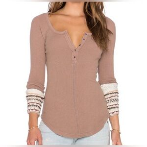 Free People Women's Beige Long Sleeve Top with Patterned Sleeves Size XS